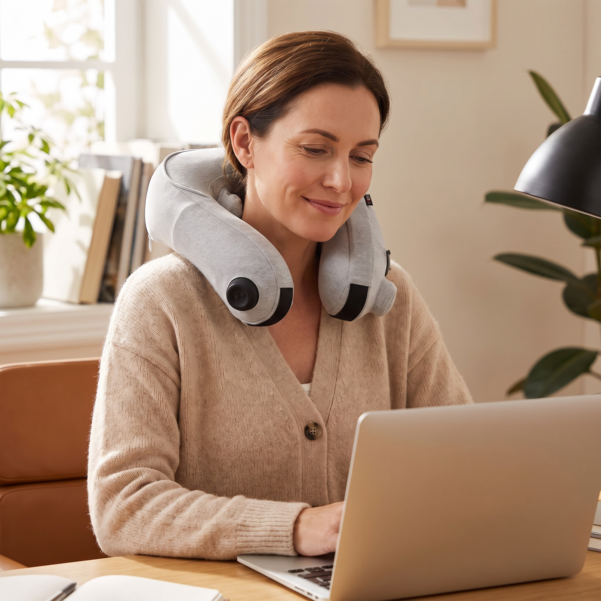 Woman wearing the neck massager at her desk