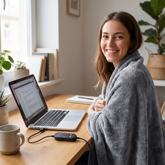Woman at her desk with the USB blanket