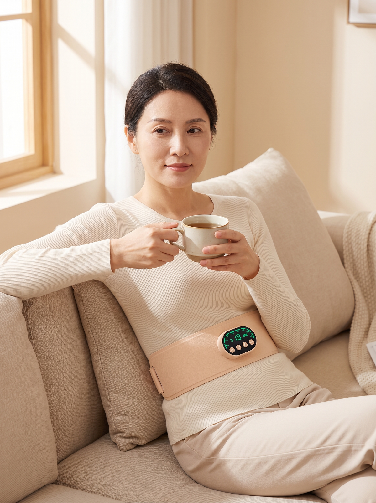 Heating Pad Belt with Pulse Massage in use