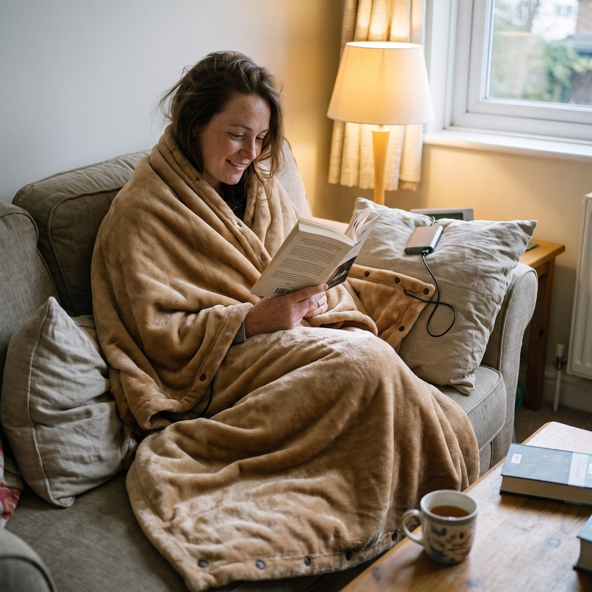 USB heated blanket in coffee beige, reading on the sofa