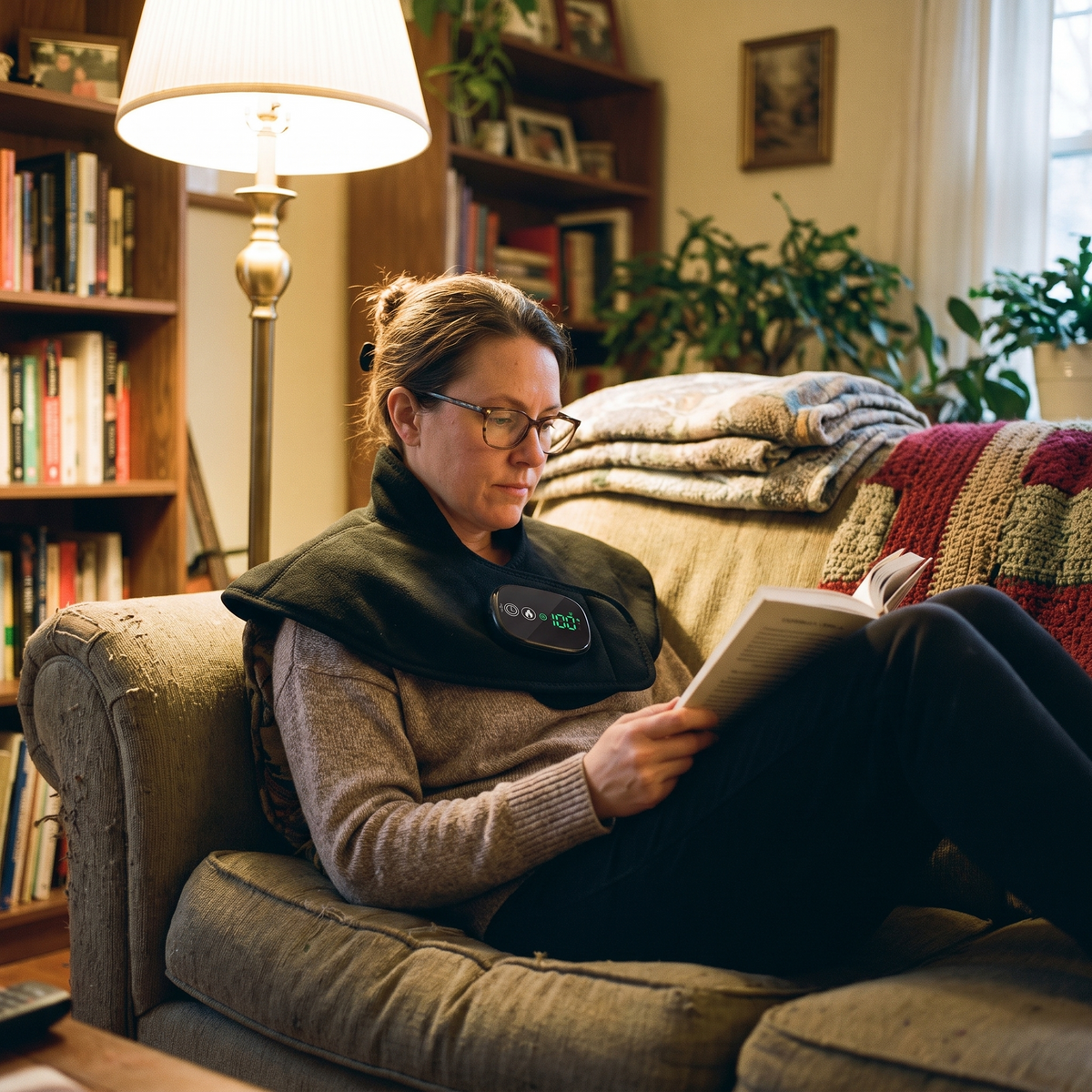 Heated shawl worn while reading