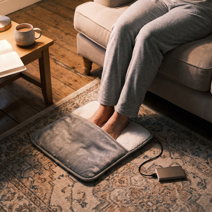 Feet warming in the heated foot pad