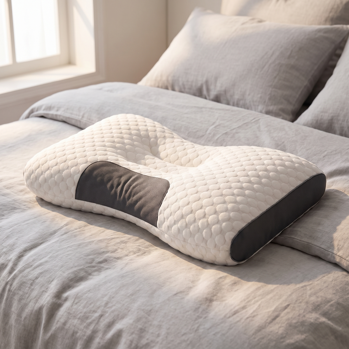 Knitted contour pillow on a bed