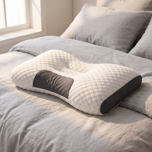 Knitted contour pillow on a bed