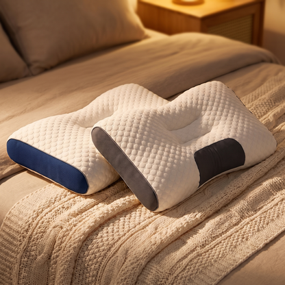 Two knitted contour pillows on a bed