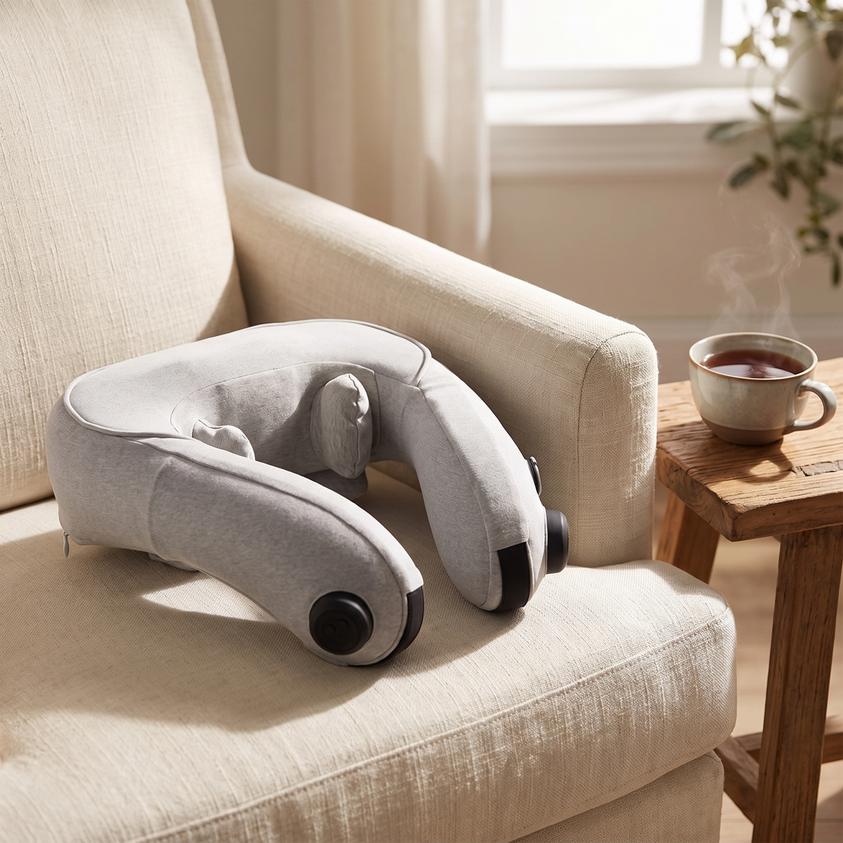 Inflatable neck massager on an armchair