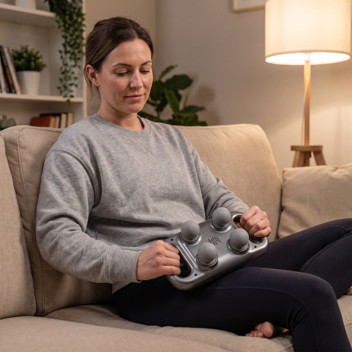 Woman using the four-head massager on the couch