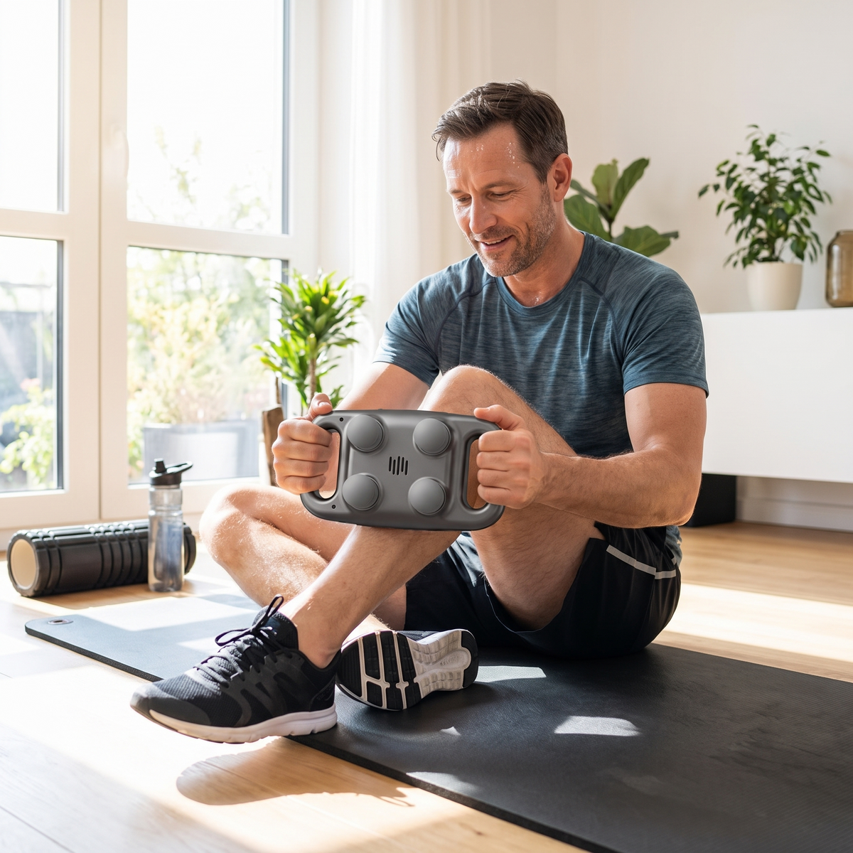 Man relaxing with the four-head massager after a workout