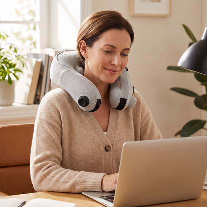 Woman wearing the neck massager at her desk
