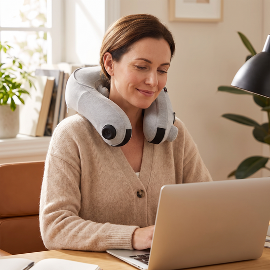 Woman wearing the neck massager at her desk