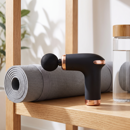 Black mini massage gun on a shelf