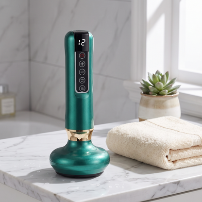 Green electric cupping massager on a bathroom counter