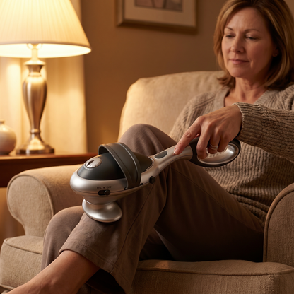Woman using the handheld massager on her leg