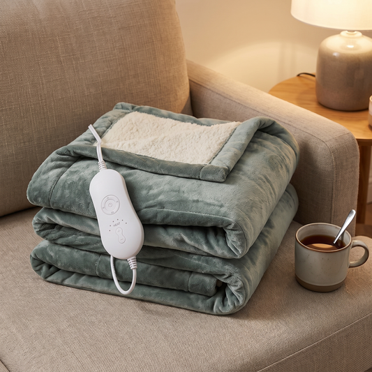 Sage heated blanket folded on a couch