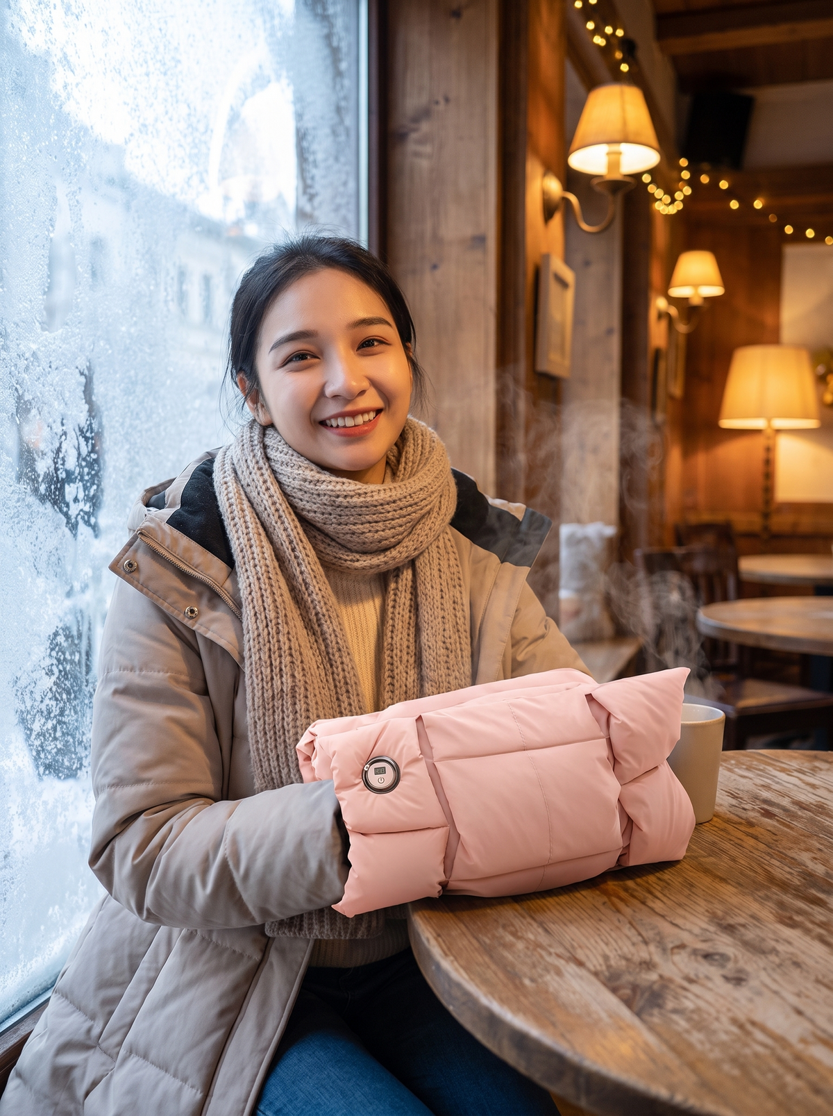 Hand warmer at a winter cafe
