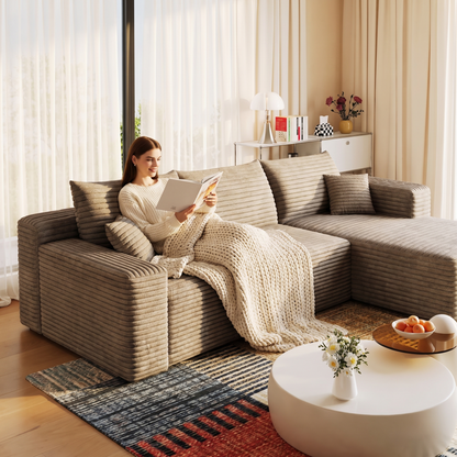 Cloud Sectional Sofa, Camel Corduroy in use