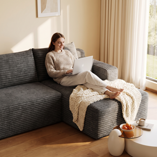 Cloud Sectional Sofa, Dark Grey Corduroy in use