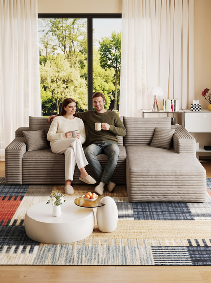 Cloud Sectional Sofa, Camel Corduroy in use