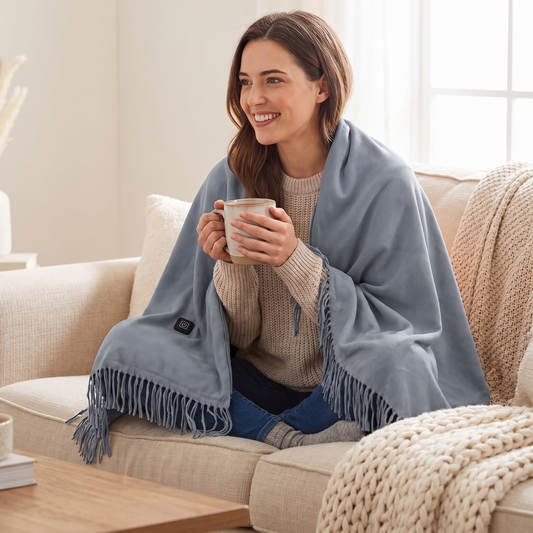 USB Heated Shawl Wrap with Tassels in use