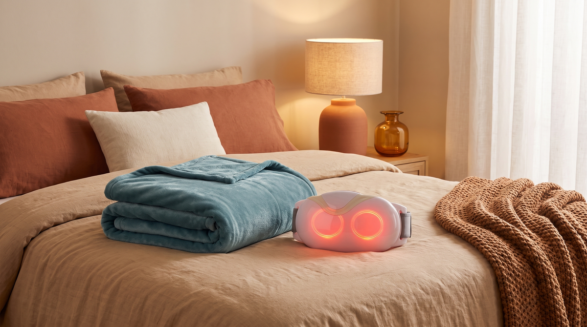Heated blanket and belt on a cozy bed